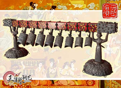 8件古編鐘，銅人銅座裝飾，可發(fā)音